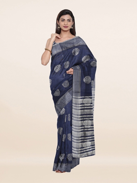 Pothys Blue & Silver-Toned Ethnic Motifs Zari Jute Silk Saree