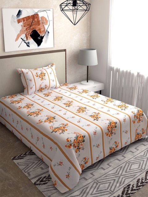 Salona Bichona White & Yellow Floral 104 TC Single Bedsheet with 1 Pillow Covers
