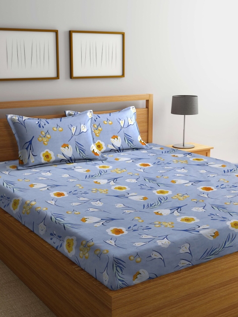 BOMBAY DYEING Blue & Yellow 104 TC Queen Bedsheet with 2 Pillow Covers