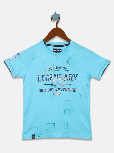 Monte Carlo Boys Blue Typography Printed round -Neck Applique T-shirt