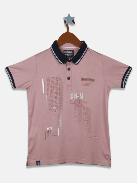 Monte Carlo Boys Brown Typography Printed Collar T-shirt