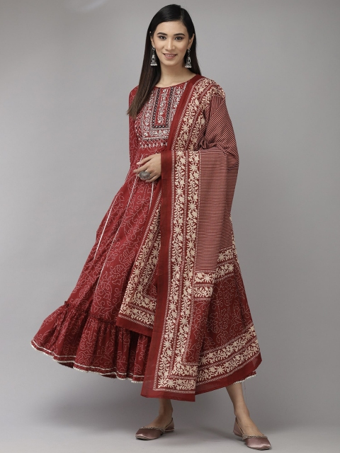Indo Era Red Ethnic Motifs Embroidered Ethnic A-Line Maxi Dress