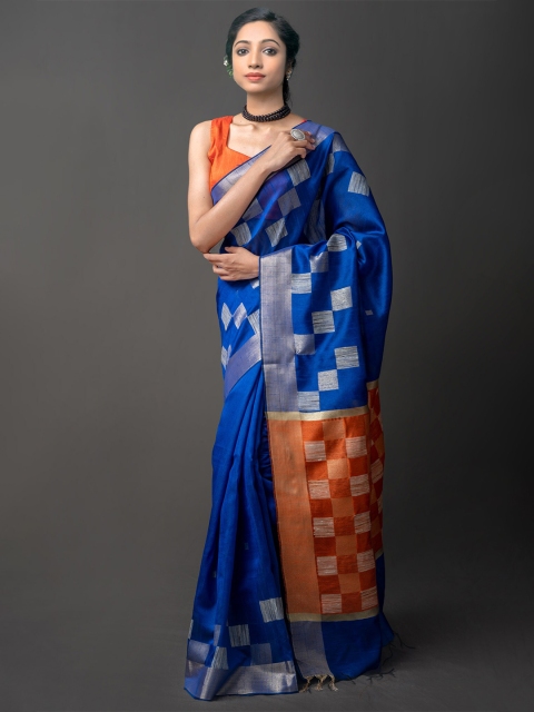 Unnati Silks Blue & Orange Woven Design Zari Jamdani Saree