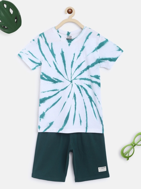 Lil Tomatoes Boys White & Green Tie & Dye Printed Night Suit