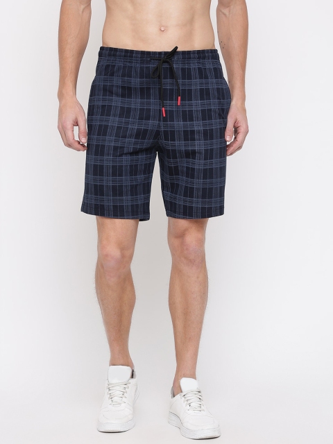 MKH Men Navy Blue Checked Sports Shorts