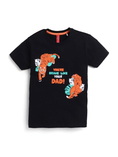 Hopscotch Boys Black Typography Printed Applique T-shirt