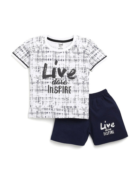Hopscotch Boys White & Navy Blue Printed T-shirt with Shorts
Hopscotch Boys White & Navy Blue Printed T-shirt with Shorts