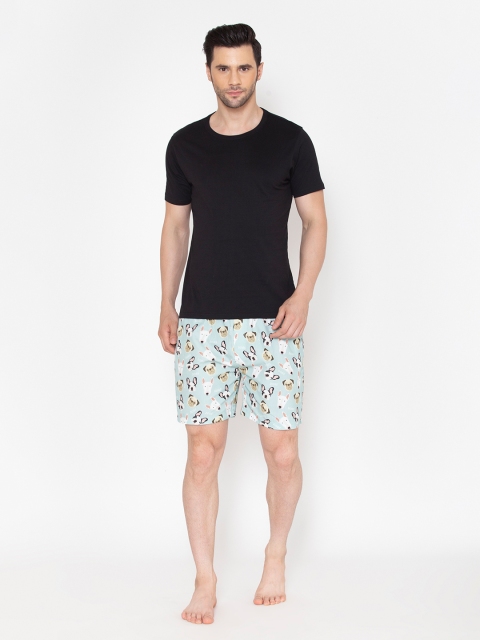 Fluffalump Men Sea Green & Black Pure Cotton Night suit