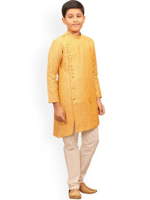 Manyavar Boys Mustard Yellow Angrakha Kurta with Churidar 
Manyavar Boys Mustard Yellow Angrakha Kurta with Churidar