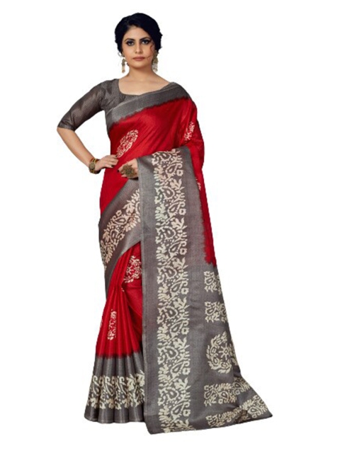 KALINI Red & Grey Ethnic Motifs Silk Blend Saree