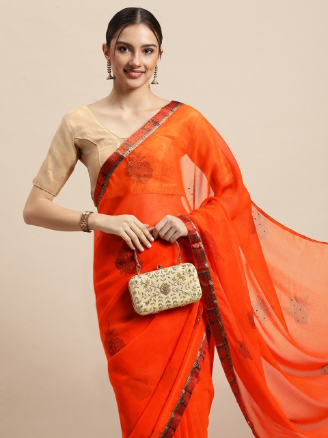 Triveni Orange Floral Beads and Stones Pure Chiffon Saree