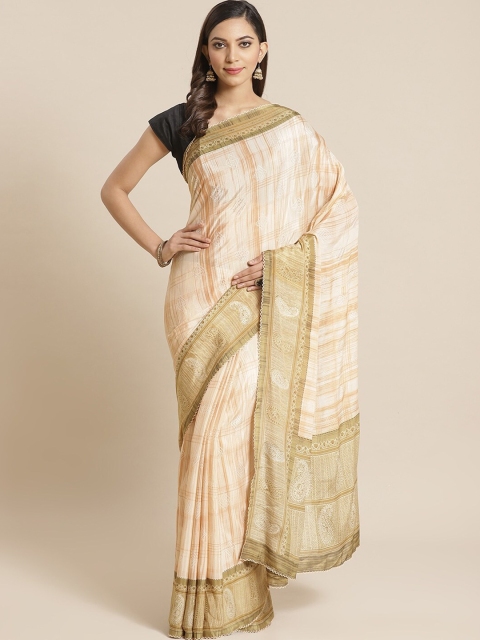 Shaily Cream-Coloured Checked Satin Saree