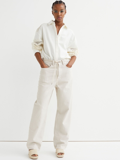 H&M Women White Tie-Belt Jeans