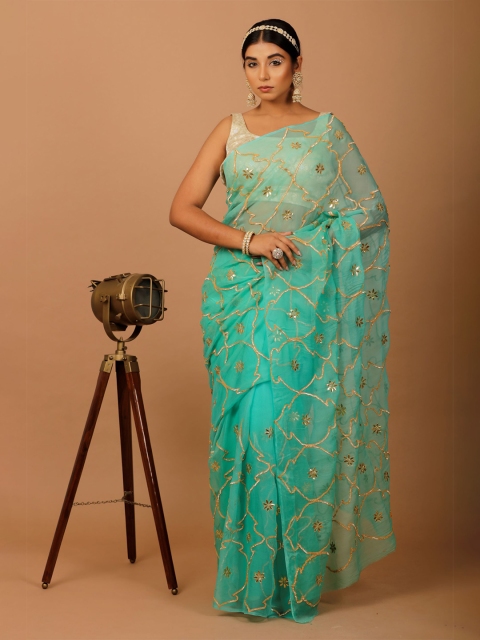 Geroo Jaipur Sea Green & Gold-Toned Woven Design Embroidered Pure Chiffon Heavy Work Saree
Geroo Jaipur Sea Green & Gold-Toned Woven Design Embroidered Pure Chiffon Heavy Work Saree