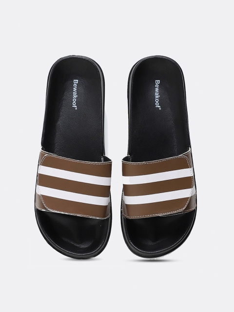 Bewakoof Men Black & White Striped Rubber Sliders
