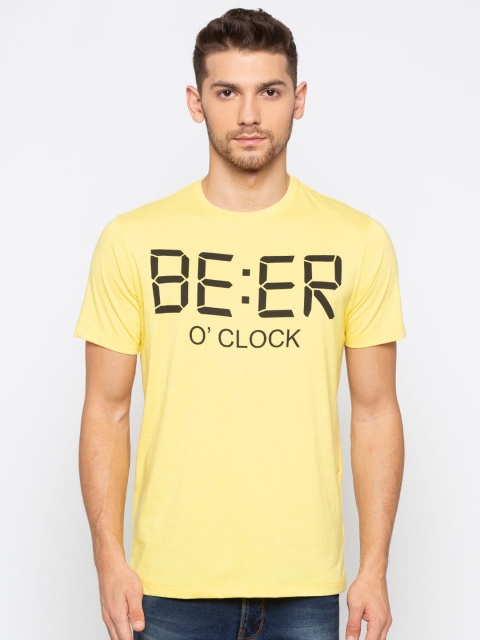 Status Quo Men Yellow Typography Printed Applique T-shirt