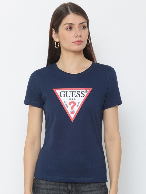 GUESS Women Blue Typography Printed Outdoor T-shirt
