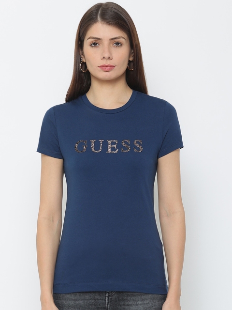 GUESS Women Blue Typography Printed Applique Outdoor T-shirt