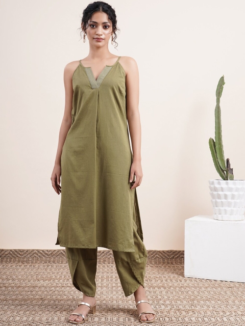 Abhishti Women Olive Green Kantha Work Strappy Kurta with Contrast Stitches on Placket
Abhishti Women Olive Green Kantha Work Strappy Kurta with Contrast Stitches on Placket