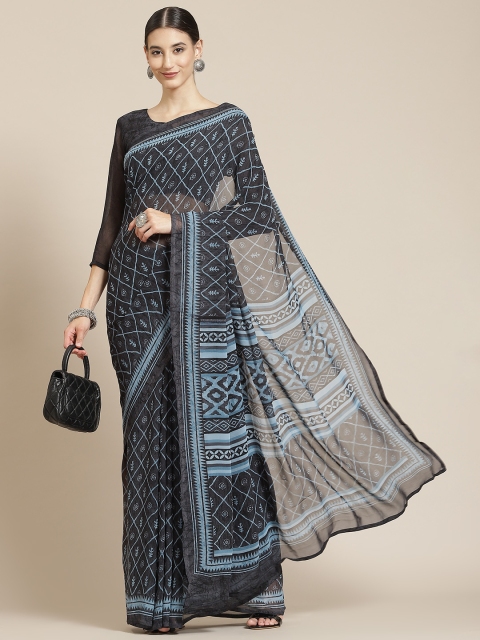 Satrani Black & Blue Printed Saree