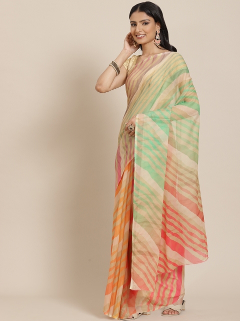 LABEL AARNA Beige & Red Striped Saree