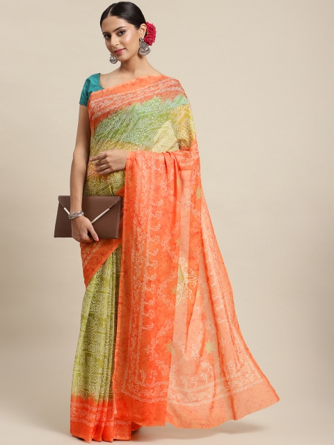 LABEL AARNA Orange & Green Bandhani Saree