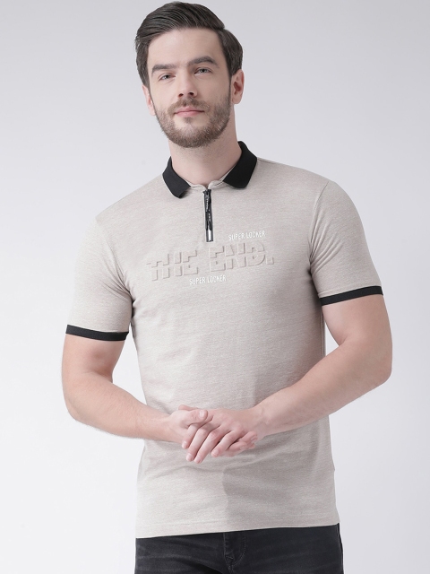 Rex Straut Jeans Men Grey Typography Printed Polo Collar Slim Fit T-shirt