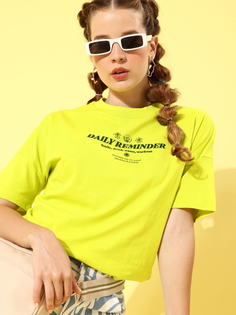 HERE&NOW Women Fluorescent Green Typography Printed Drop-Shoulder Sleeves Pure Cotton T-shirt
HERE&NOW Women Fluorescent Green Typography Printed Drop-Shoulder Sleeves Pure Cotton T-shirt