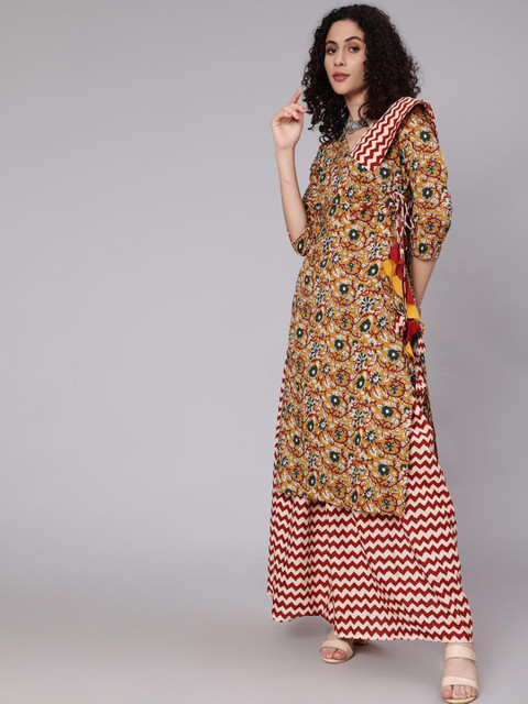 Awadhi Women Mustard Kalamkari Floral Printed Kurta With Zig-Zag Skirt & Dupatta Set
Awadhi Women Mustard Kalamkari Floral Printed Kurta With Zig-Zag Skirt & Dupatta Set