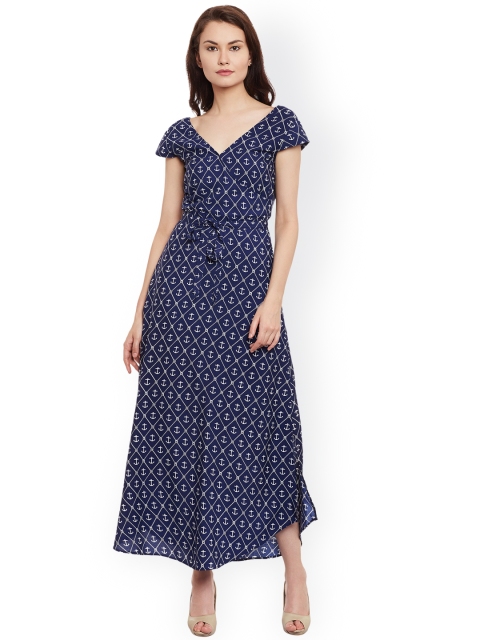 The Vanca Women Navy & White Printed Maxi Dress, Navy blue