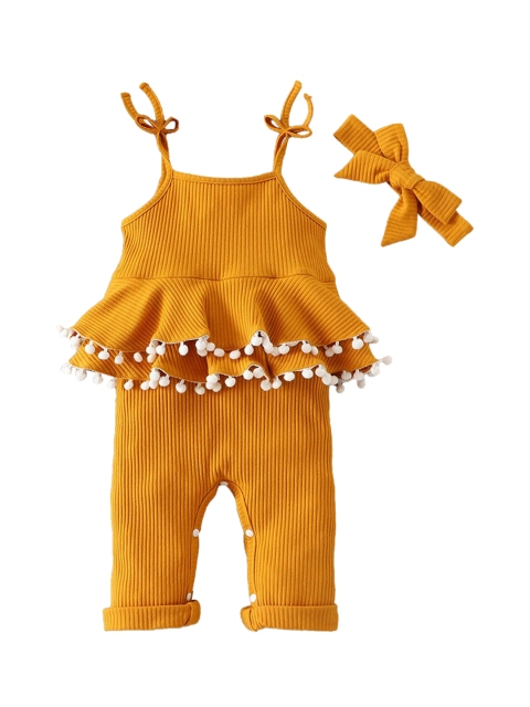 Hopscotch Girls Yellow Solid Textured Bodysuit