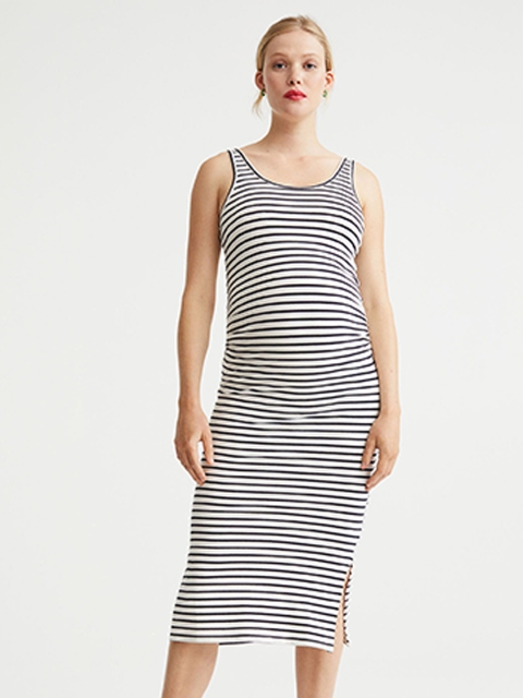 H&M Women Black & White Mama Ribbed Jersey Dress, Multi