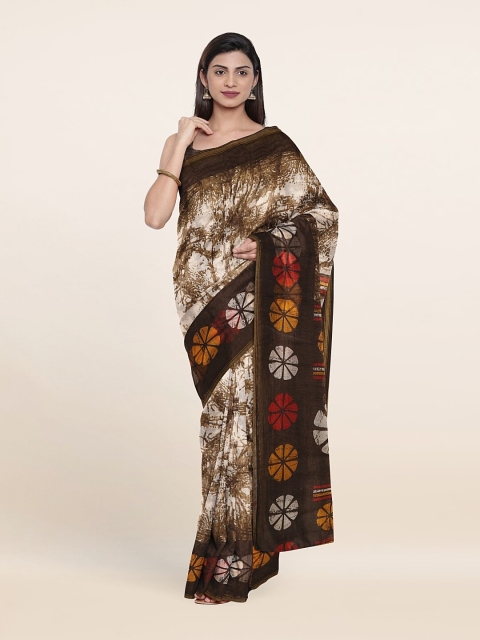 Pothys Off-White & Brown Abstract Printed Saree