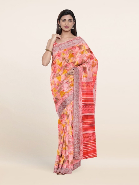Pothys Pink & Silver-Toned Floral Saree