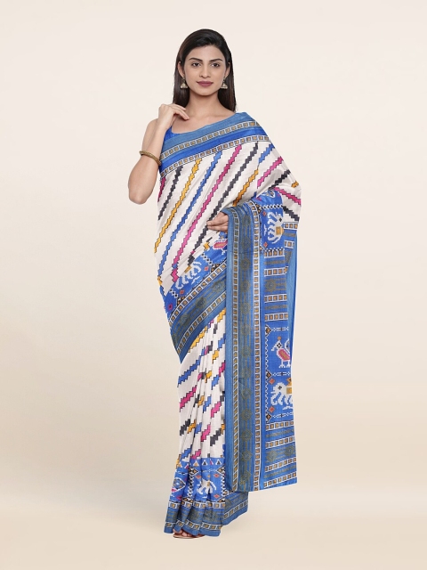Pothys Off White & Blue Geometric Printed Saree