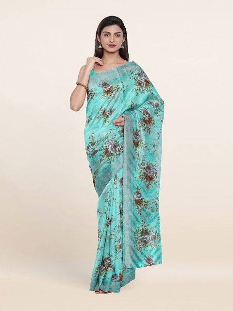 Pothys Turquoise Blue & Maroon Floral Printed Saree
