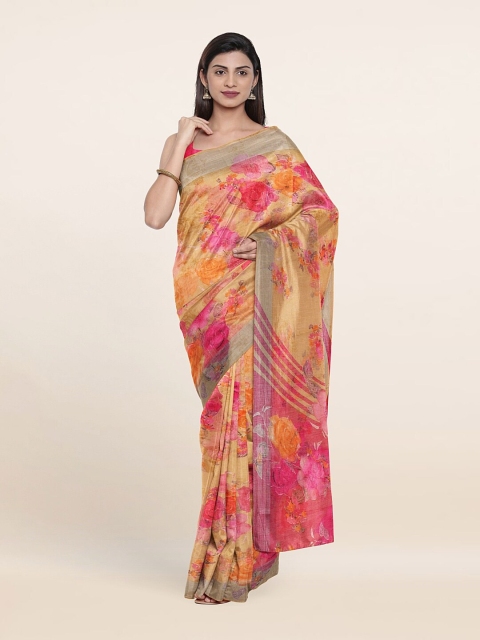Pothys Beige & Pink Floral Cotton Blend Saree