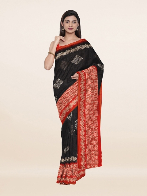 Pothys Black & Orange Ethnic Motifs Printed Saree