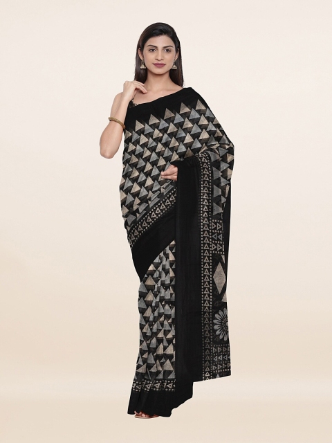 Pothys Black & Grey Geometric Printed Saree
