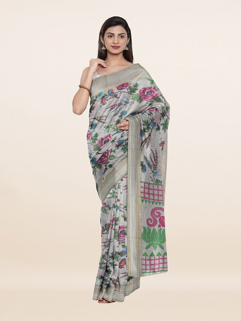 Pothys Grey & Green Floral Pure Cotton Saree 
Pothys Grey & Green Floral Pure Cotton Saree