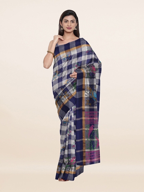 Pothys Navy Blue & Grey Checked Pure Cotton Saree