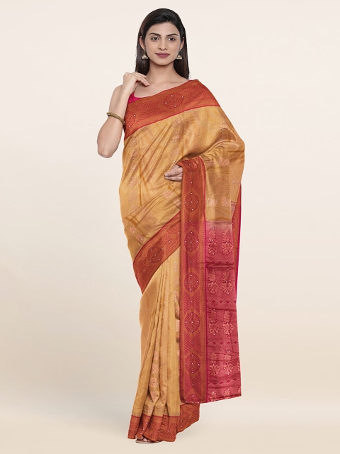Pothys Gold-Toned & Mustard Floral Zari Pure Silk Saree