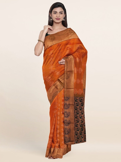 Pothys Orange & Black Ethnic Motifs Zari Pure Silk Saree
