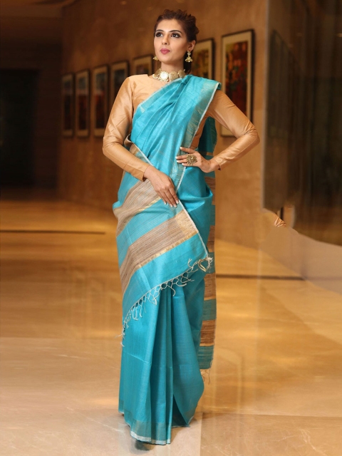 BEATITUDE Blue & Gold-Toned Pure Silk Handloom Saree