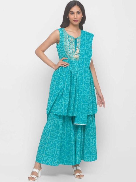 ZOLA Women Blue Bandhani Embroidered Pleated Pure Cotton Kurti with Sharara & With Dupatta
ZOLA Women Blue Bandhani Embroidered Pleated Pure Cotton Kurti with Sharara & With Dupatta