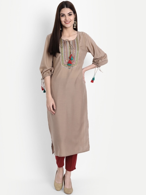 7Threads Women Beige Thread Work Kurta