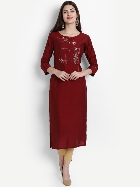 7Threads Women Red Embroidered Thread Work Kurta