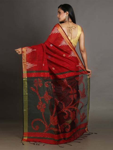 Arhi Red & Green Woven Design Sequinned Saree