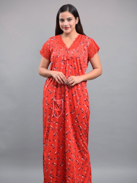 Apratim Red Printed Maxi Nightdress