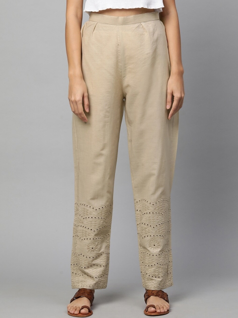 FASHOR Women Khaki Embroidered Comfort Trousers